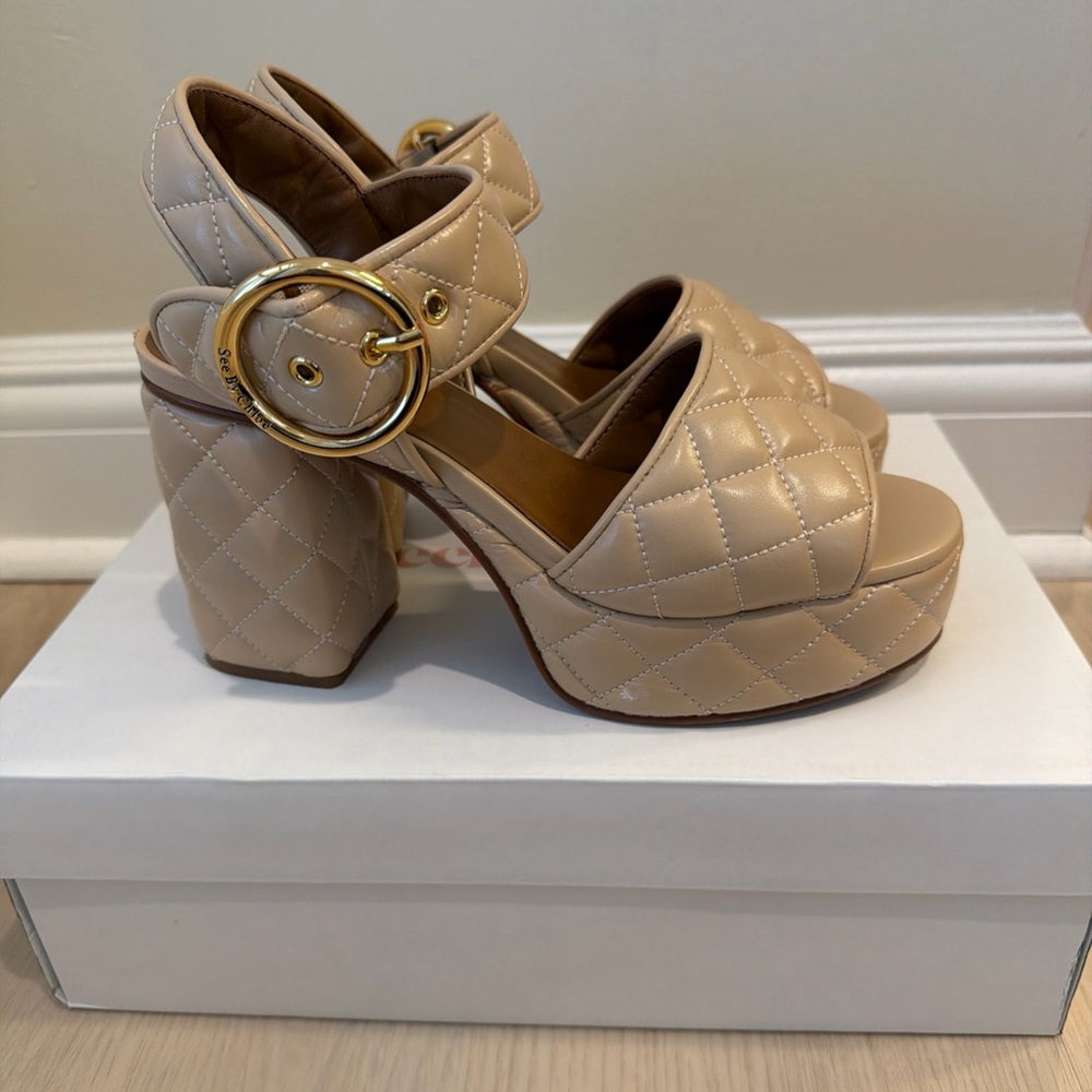 See By Chloe Quilted Beige Platform Block Heel Sandals with Gold Buckle Size 38